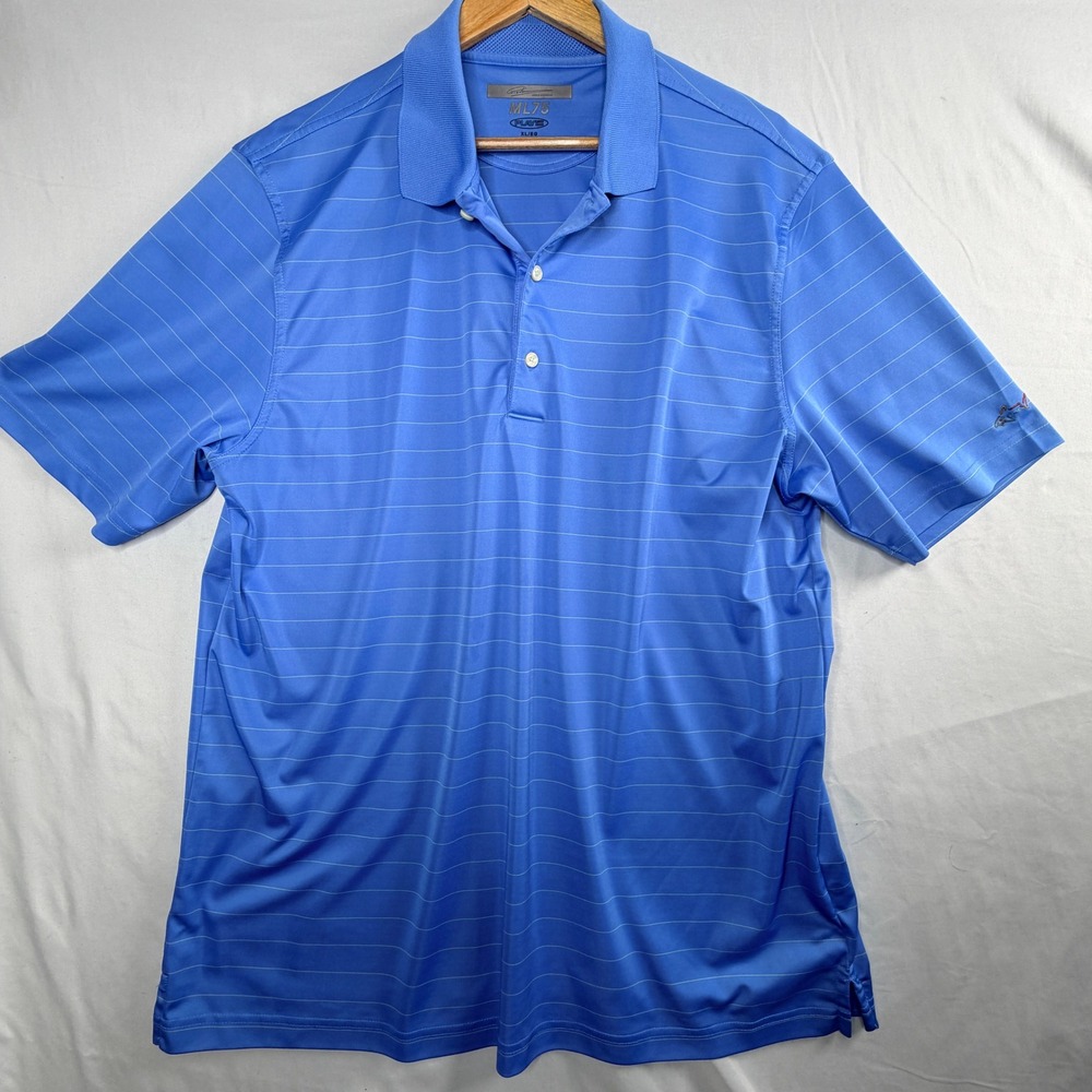 Greg Norman ML75 Play Dry Mens Blue Striped Golf Polo Shirt XL Short Sleeve